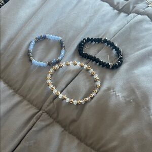 Set of Three Beaded Bracelets - Blue, Black, Gold